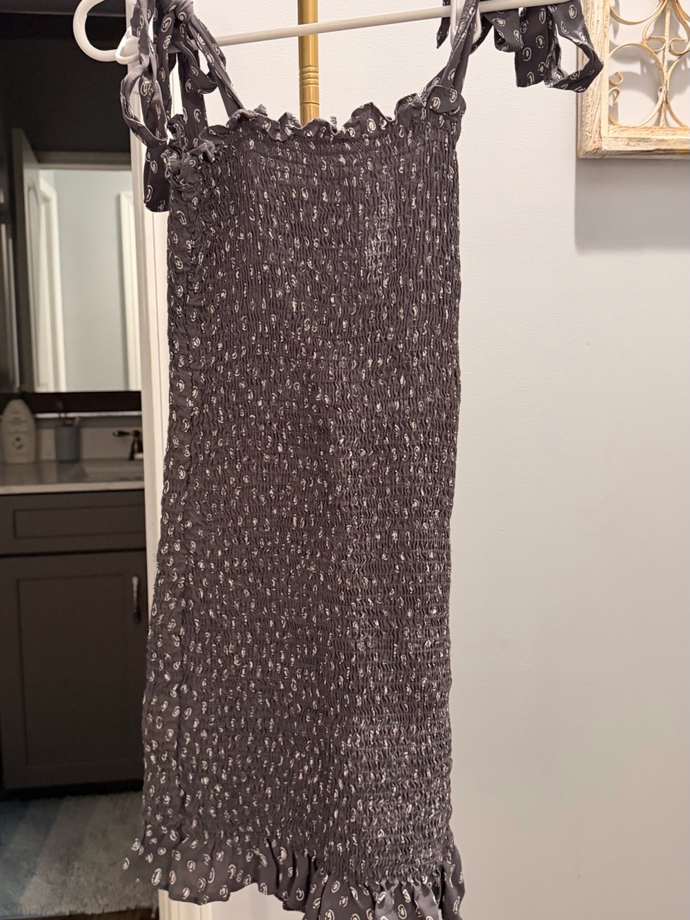 Free People Black Smocked Midi Dress with White Dot Print